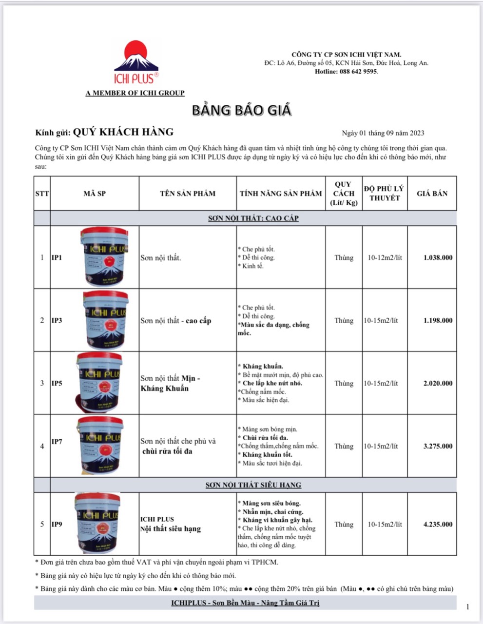 BẢNG GIÁ SƠN NỘI THẤT