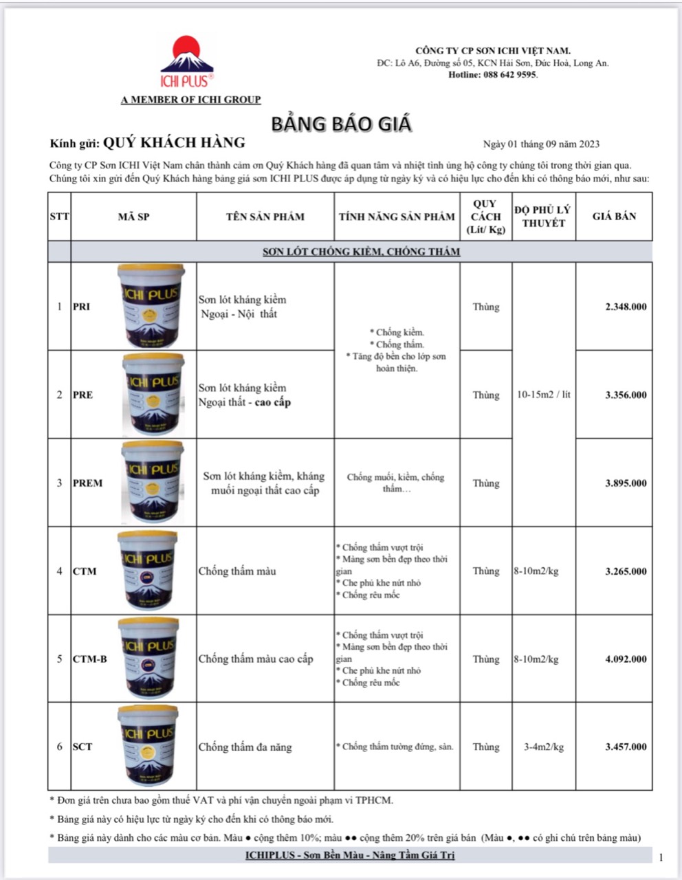 BẢNG GIÁ SƠN LÓT - SƠN CHỐNG THẤM